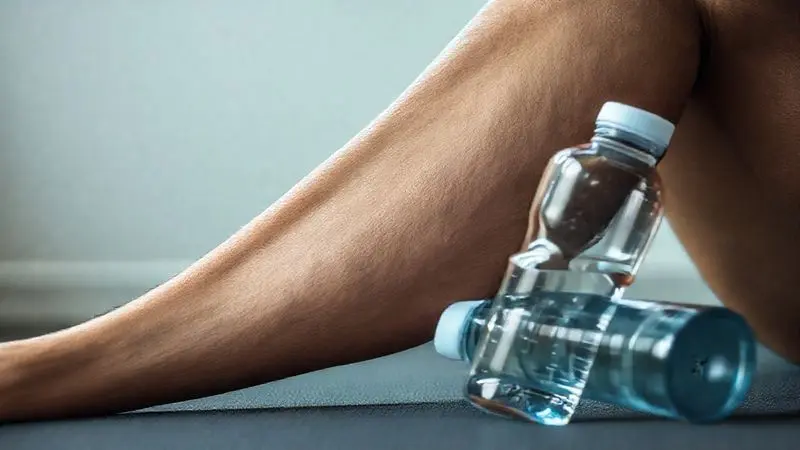 Músculo da perna de uma pessoa em estado de relaxamento após o treino, com uma garrafa de água ao lado, representando a aceleração da recuperação muscular.