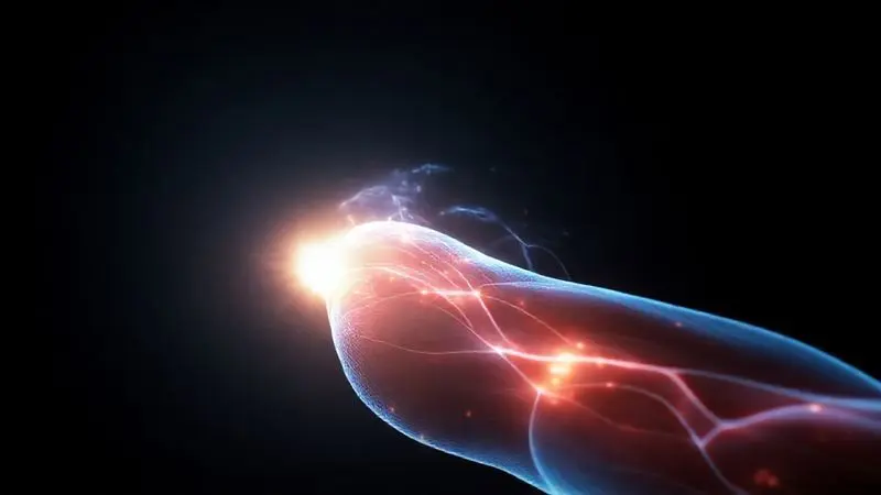 Ilustração conceitual da recuperação muscular, com fibras sendo reparadas por uma energia luminosa após o treino.