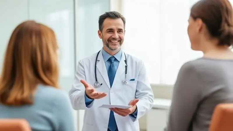 Médico especialista explicando um plano nutricional para um paciente em seu consultório, destacando a importância do acompanhamento profissional.