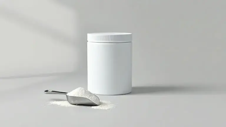 Pote de creatina totalmente branco e sem marca ao lado de um medidor com o pó puro, em fundo de estúdio, ilustrando o tema da alergia à creatina.