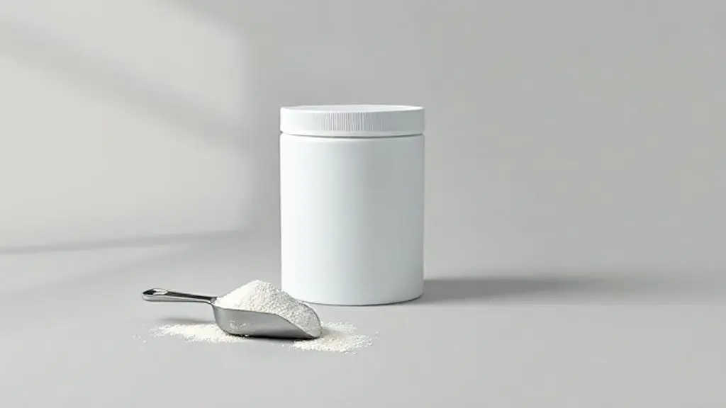 Pote de creatina totalmente branco e sem marca ao lado de um medidor com o pó puro, em fundo de estúdio, ilustrando o tema da alergia à creatina.
