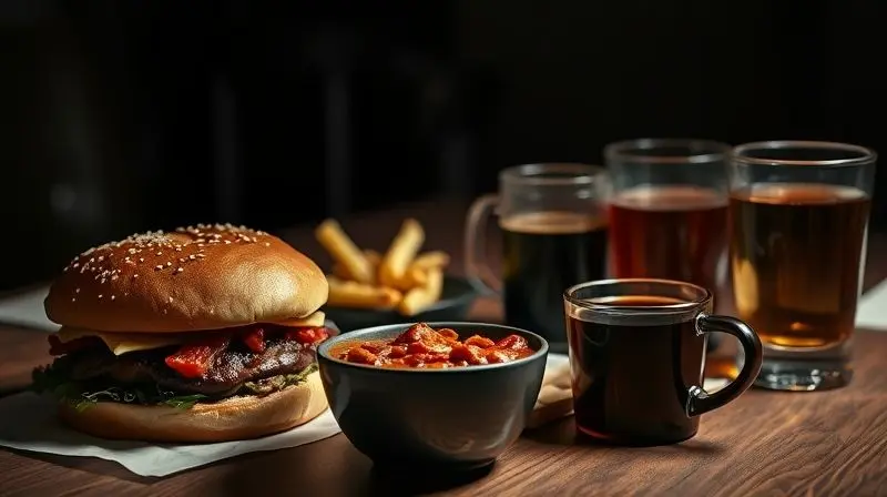 Imagem de alimentos e bebidas que devem ser evitados para não piorar as hemorroidas, como café, álcool e comida apimentada.