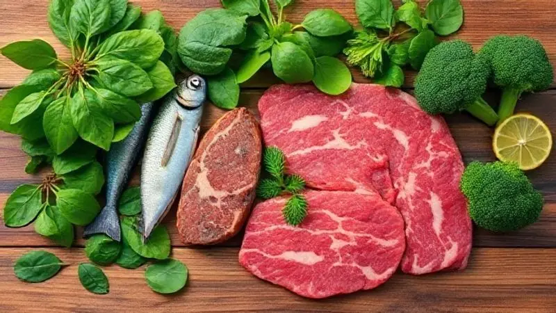 Alimentos ricos em Coenzima Q10, como carne, peixe, espinafre e brócolis, arranjados em uma mesa de madeira.