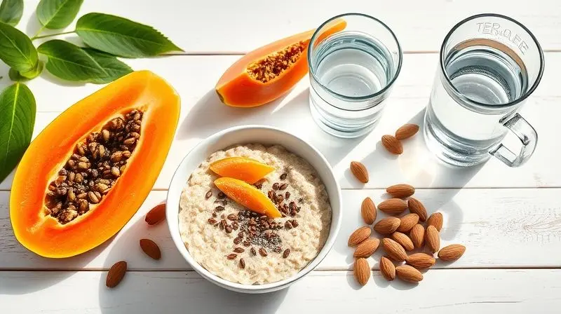 Composição de alimentos ricos em fibras como aveia, mamão e sementes, que ajudam a prevenir e aliviar os sintomas de hemorroidas.