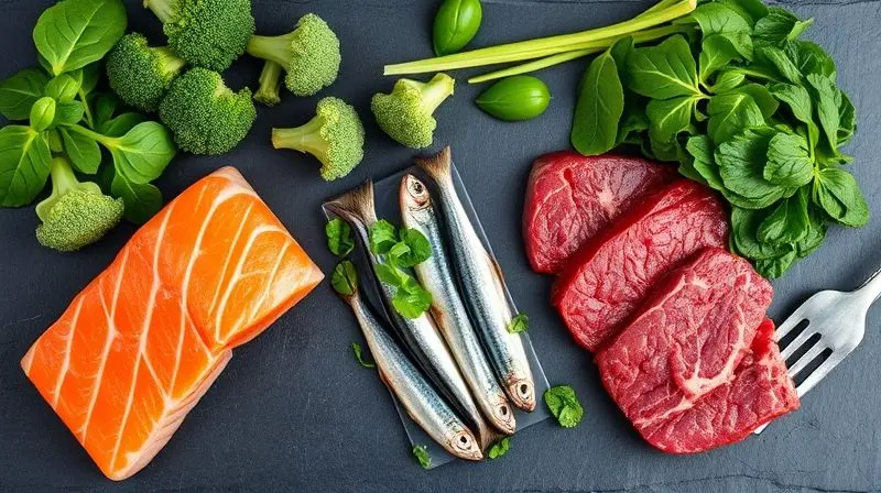 Composição de alimentos ricos em Coenzima Q10, incluindo salmão, carne, espinafre e brócolis, dispostos em uma superfície escura.