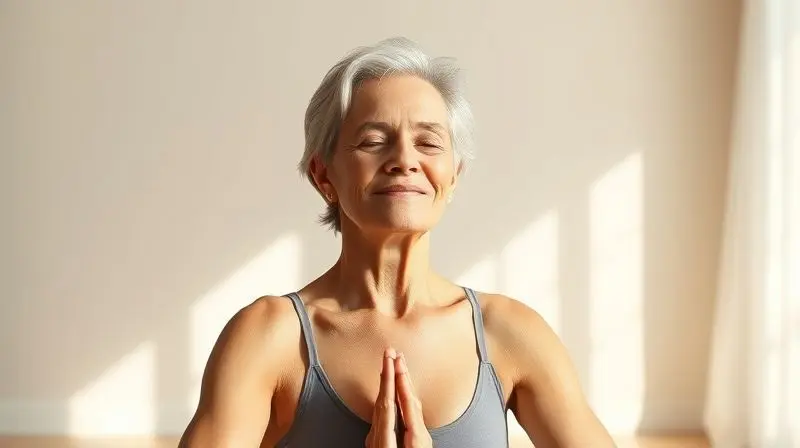 Mulher madura praticando ioga em um ambiente tranquilo, imagem que representa o alívio dos sintomas da menopausa e o equilíbrio hormonal.