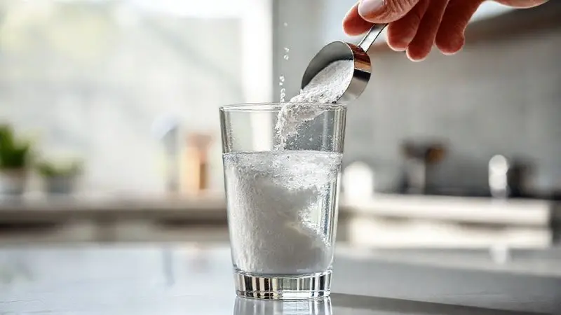 Análise da composição da creatina sendo misturada em um copo de água, ilustrando a dissolução e as vantagens do produto.