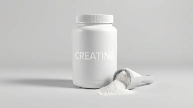 Pote de creatina sem marca e um medidor com o pó branco do suplemento em um fundo de estúdio, representando a análise do produto.