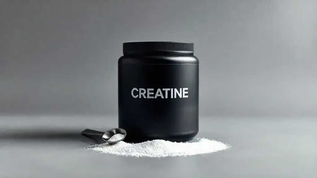 Pote de creatina monohidratada com um medidor ao lado em fundo de estúdio. Análise completa dos benefícios e como tomar o suplemento para melhores resultados.