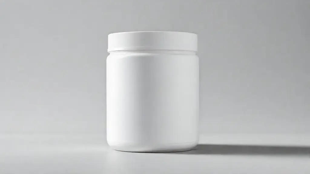 Um pote branco e limpo de creatina monohidratada 100% pura, centralizado em um fundo de estúdio, representando a análise do suplemento.