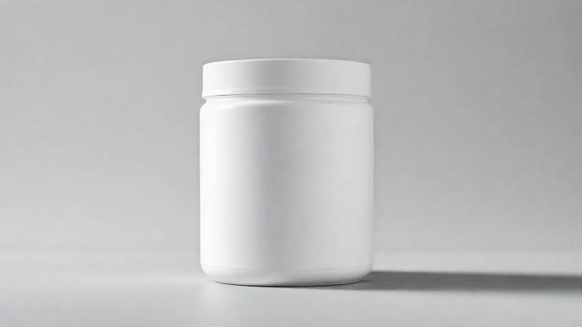 Um pote branco e limpo de creatina monohidratada 100% pura, centralizado em um fundo de estúdio, representando a análise do suplemento.