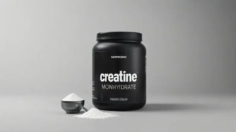 Análise completa da creatina Optimum Nutrition em pó, mostrando um pote do suplemento totalmente sem marca com um medidor ao lado em fundo de estúdio.