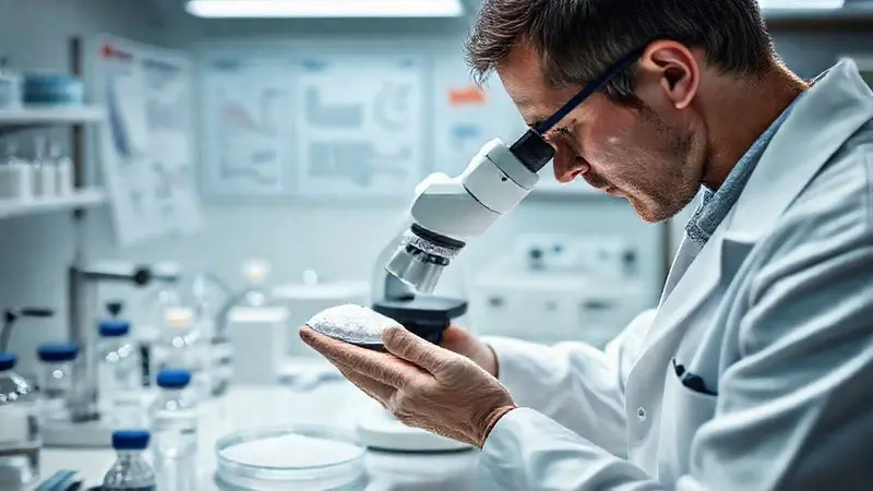 Análise laboratorial da creatina em pó para verificar a pureza e a aprovação por órgãos reguladores como a ABENUTRI.