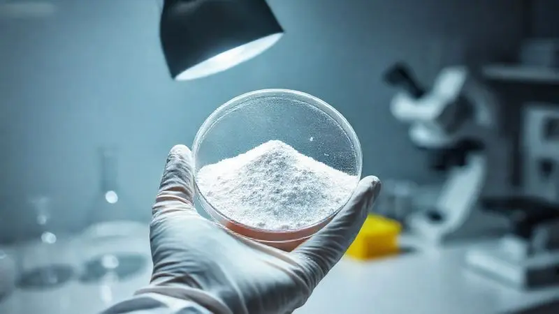 Análise de laboratório da pureza da creatina em pó, com mão de cientista segurando uma amostra sob uma luz para inspeção de qualidade.