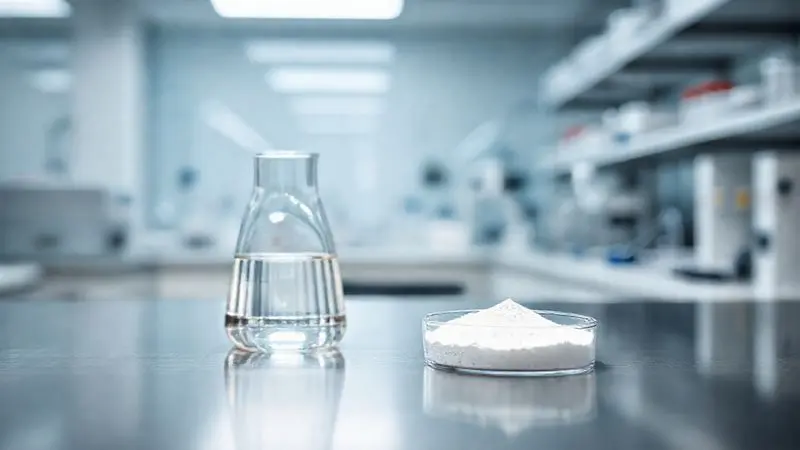 Ambiente de laboratório com vidraria contendo pó branco, simbolizando a análise de qualidade e a aprovação em laudos da creatina.