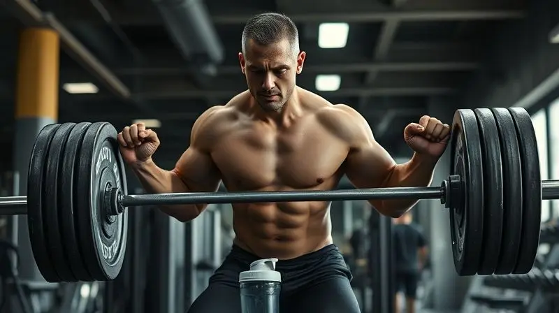 Atleta demonstrando o aumento de força e massa muscular ao levantar uma barra pesada em um treino intenso na academia.