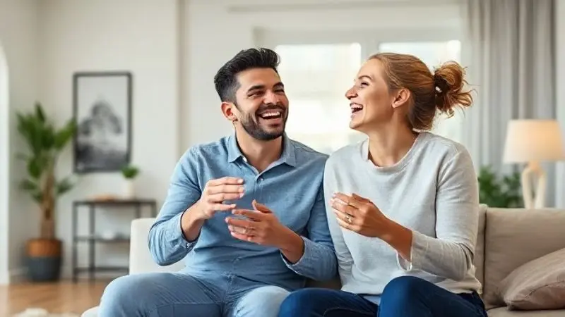 Um casal feliz e com energia se abraçando no sofá, simbolizando o aumento da libido e bem-estar proporcionado pela Maca Peruana.