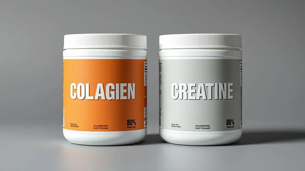 Dois potes de suplementos sem marca, um de colágeno e outro de creatina, lado a lado em um fundo de estúdio, representando a combinação ideal.
