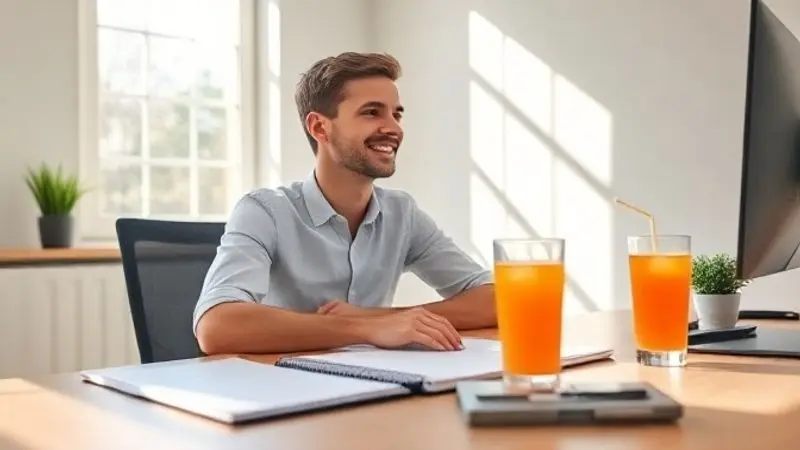 Pessoa com aparência energizada e focada em sua mesa de trabalho pela manhã, simbolizando os benefícios do suplemento para a rotina diária.