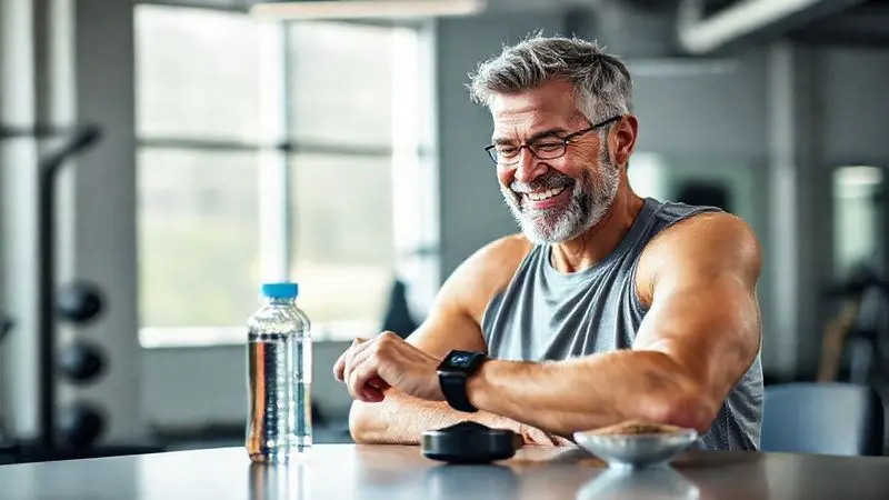 Pessoa de meia-idade saudável e sorrindo após o treino, demonstrando os benefícios da creatina para diabéticos na melhora do bem-estar e desempenho físico.