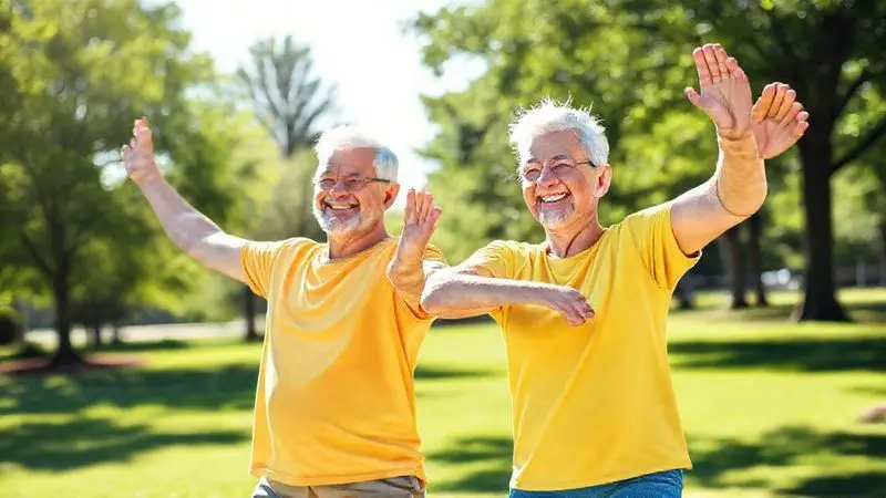 Casal de idosos ativos e sorridentes se exercitando em um parque, demonstrando os benefícios da creatina para a força e energia na terceira idade.