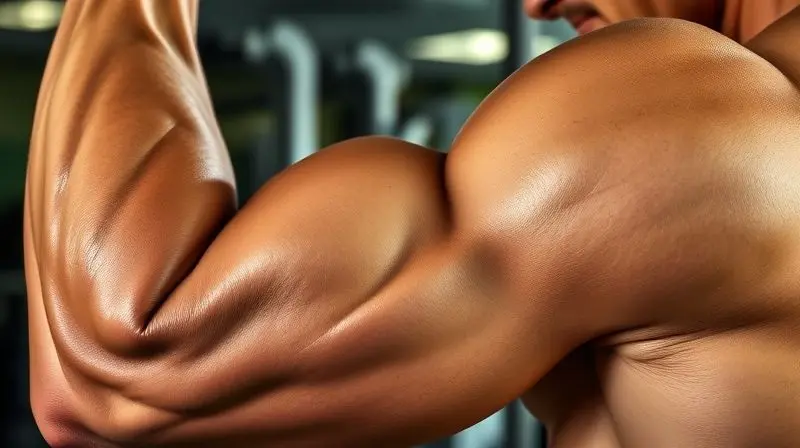 Close-up de um braço musculoso de um atleta durante o treino, ilustrando os benefícios da creatina para ganho de força e massa muscular.