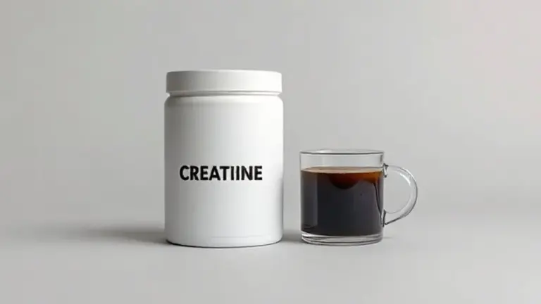 Pote de creatina em pó ao lado de uma xícara de café, representando a discussão sobre a combinação de cafeína e creatina para performance esportiva.