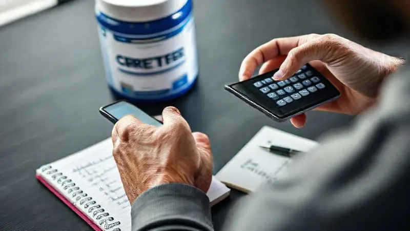Pessoa usando a calculadora do celular para calcular a dose ideal de creatina com base no peso corporal, com um caderno de anotações ao lado.
