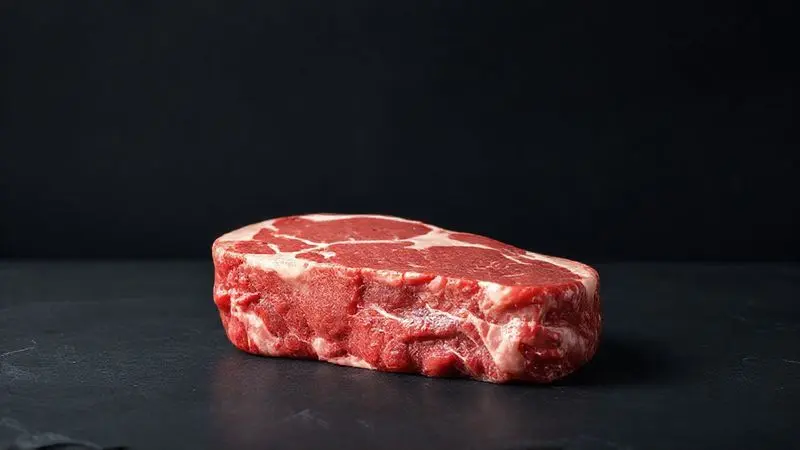 Close-up de um bife de carne vermelha cru e de alta qualidade, uma das principais fontes naturais de creatina, destacando sua textura e marmoreio.