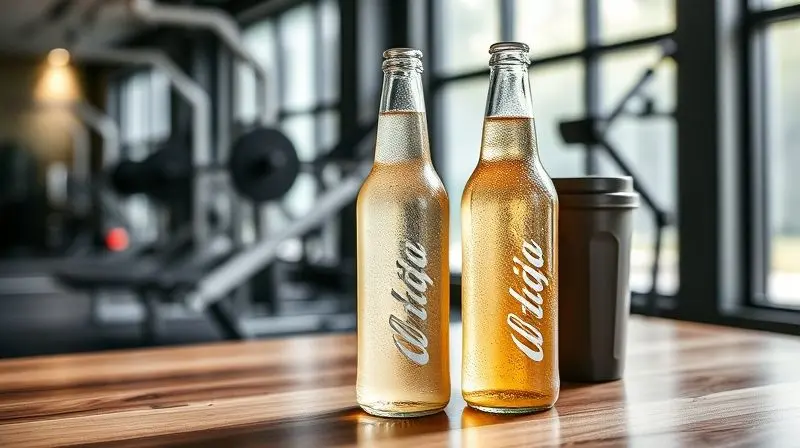 Garrafa de cerveja sem álcool ao lado de um pote de creatina em um ambiente de academia, representando uma alternativa segura de bebida.