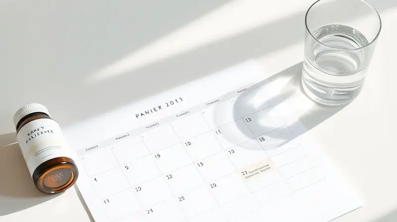 Um calendário com semanas marcadas ao lado de um suplemento, ilustrando o planejamento do ciclo de uso da creatina, contínuo ou com pausas.