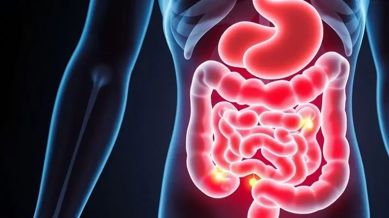 Ilustração conceitual da saúde intestinal, mostrando uma luz calmante que representa o colostro bovino agindo para a redução da inflamação do intestino.