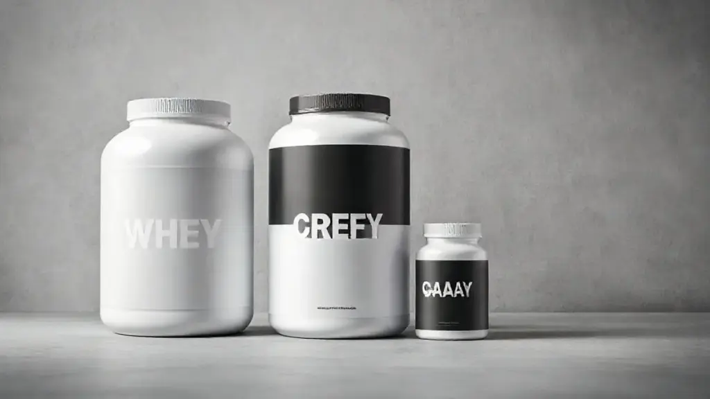 Três potes de suplementos sem marca, representando Whey, Creatina e BCAA, em uma composição simétrica e profissional para o artigo de review.