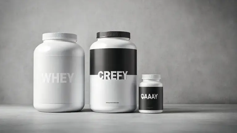 Três potes de suplementos sem marca, representando Whey, Creatina e BCAA, em uma composição simétrica e profissional para o artigo de review.