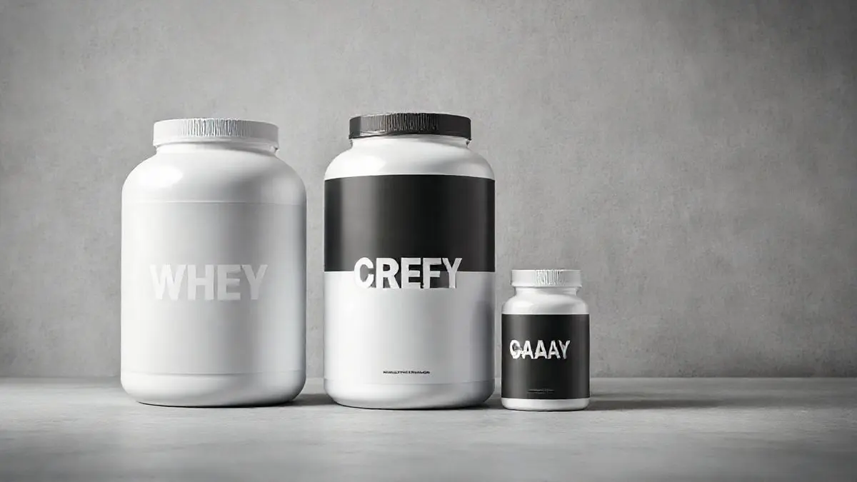 Três potes de suplementos sem marca, representando Whey, Creatina e BCAA, em uma composição simétrica e profissional para o artigo de review.