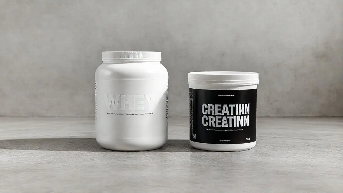 Dois potes de suplementos sem marca, um de whey protein e outro de creatina, lado a lado, representando a combinação para ganho de massa muscular.