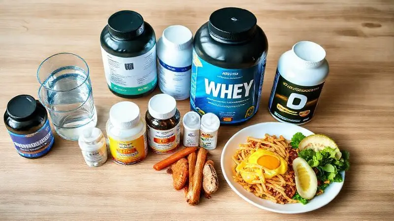Combinação de suplementos como creatina, whey protein e vitaminas, ilustrando como combinar diferentes produtos com segurança.
