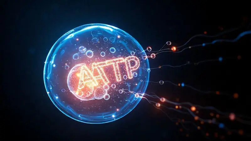 Ilustração médica abstrata mostrando a regeneração de energia ATP nas células, explicando como a creatina funciona no corpo.