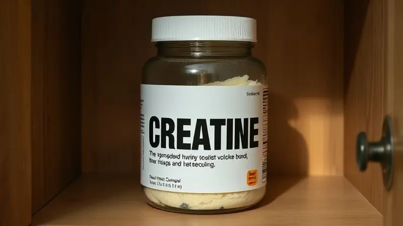 Pote de creatina armazenado corretamente em um armário de cozinha escuro e seco para prevenir que o pó empedre devido à umidade.