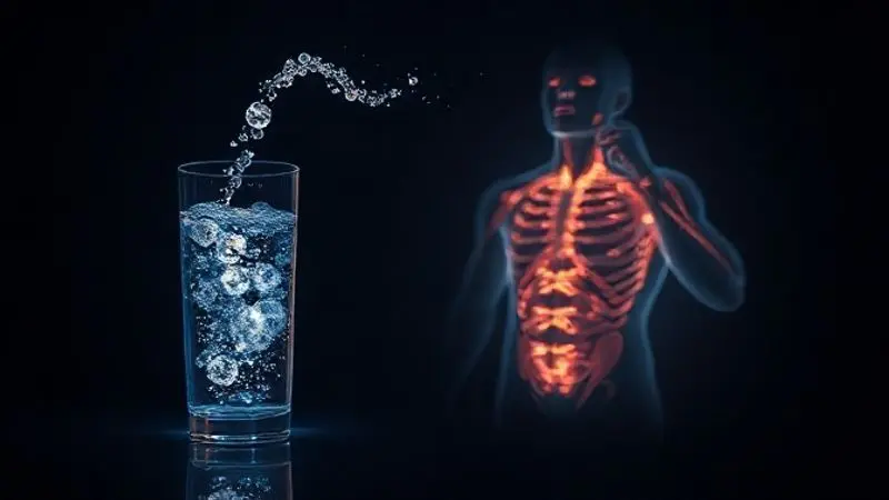 Ilustração conceitual de como a creatina age no corpo durante o sono, com partículas de energia sendo absorvidas pelas fibras musculares à noite.
