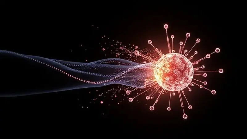 Ilustração abstrata mostrando como a creatina age no corpo, energizando as fibras musculares em nível celular.