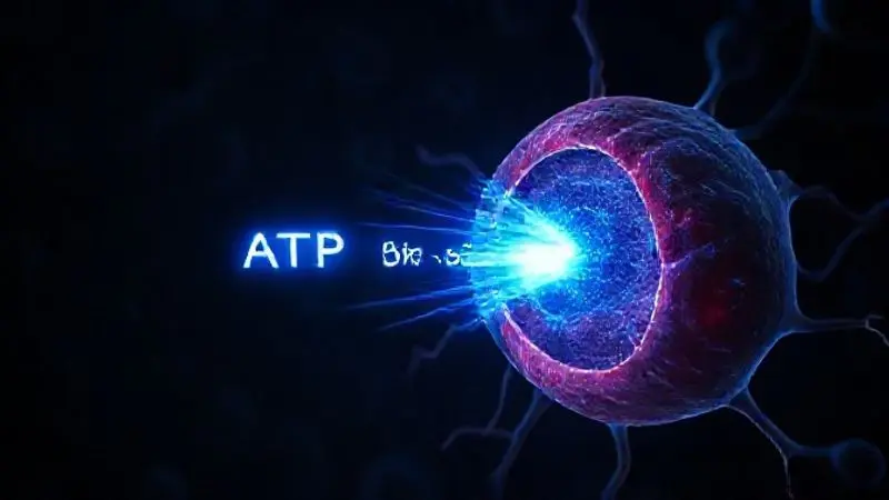 Ilustração conceitual de uma molécula de ATP transferindo energia para a creatina dentro de uma célula muscular, simbolizando a ação do suplemento no corpo.