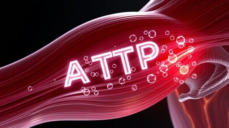 Ilustração conceitual do mecanismo de ação da creatina, mostrando a regeneração de energia ATP dentro das fibras musculares humanas.
