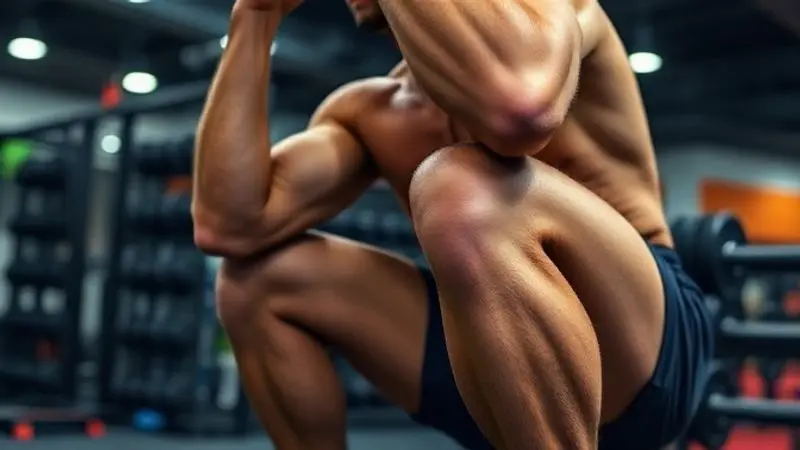 Close-up nas pernas musculosas de um atleta durante um agachamento, demonstrando a força e o desempenho físico aprimorados pela atuação da creatina nos músculos.