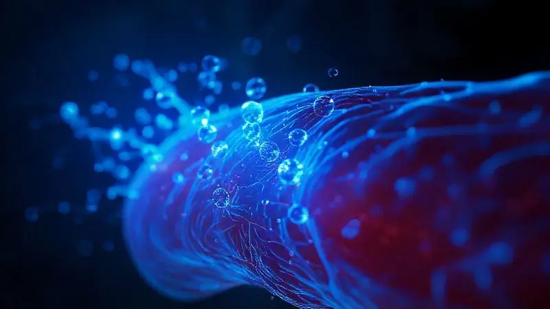 Visualização microscópica de uma fibra muscular com moléculas de energia sendo regeneradas, ilustrando como a creatina age no organismo.