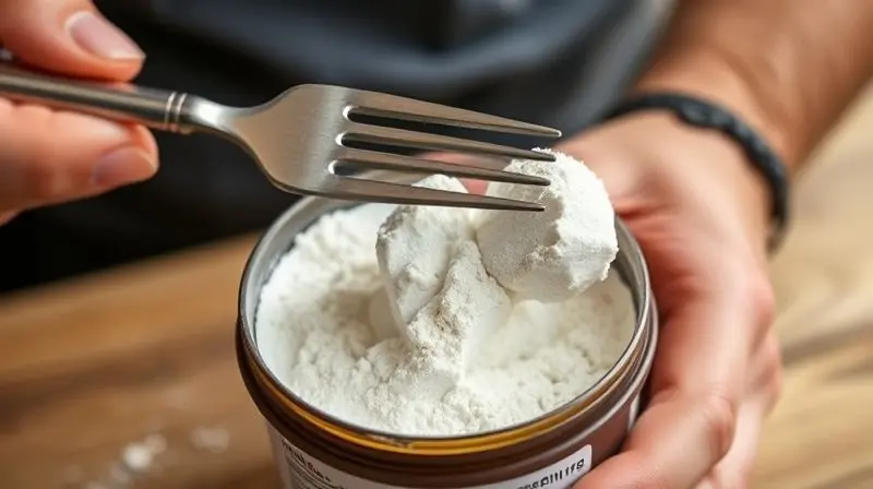 Guia prático mostrando uma pessoa usando a ponta de um garfo para quebrar cuidadosamente os blocos de creatina empedrada dentro do pote.