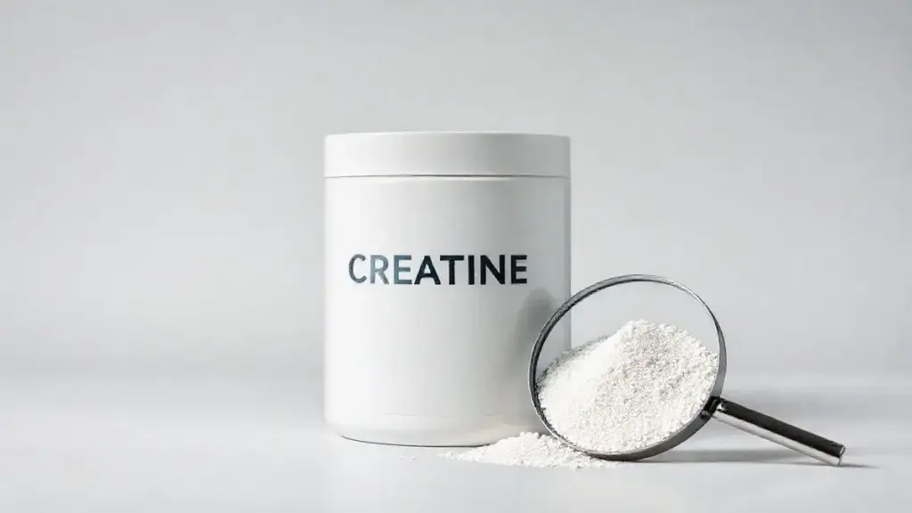 Pote de creatina pura ao lado de uma lupa de laboratório, ilustrando como fazer testes práticos para identificar se o suplemento é falso ou verdadeiro.