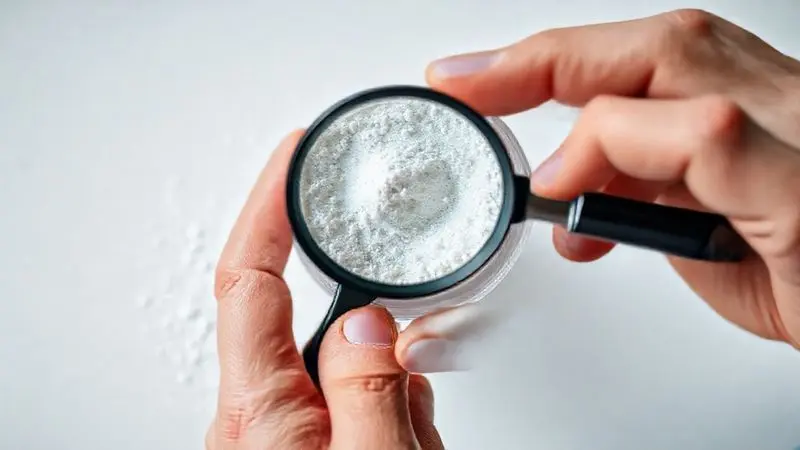 Close-up de uma pessoa usando uma lupa para inspecionar o pó e o lacre de um pote de creatina, verificando sua autenticidade antes da compra.