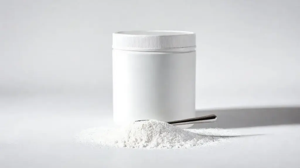 Pote de creatina verdadeira em pó de alta pureza, totalmente sem marca e com um dosador, simbolizando um suplemento de qualidade e confiança.