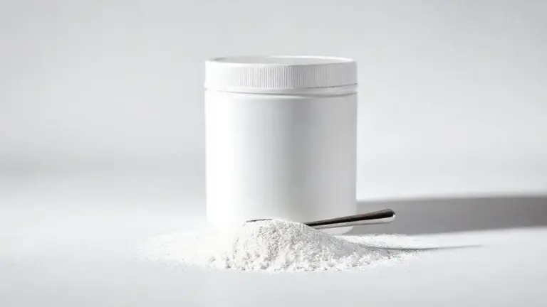 Pote de creatina verdadeira em pó de alta pureza, totalmente sem marca e com um dosador, simbolizando um suplemento de qualidade e confiança.